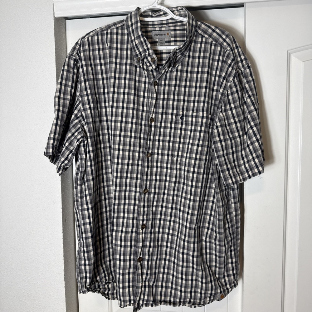 Carhartt Shirt Mens  2XL Plaid Short Sleeve Button Relaxed Fit Logo XXL Workwear